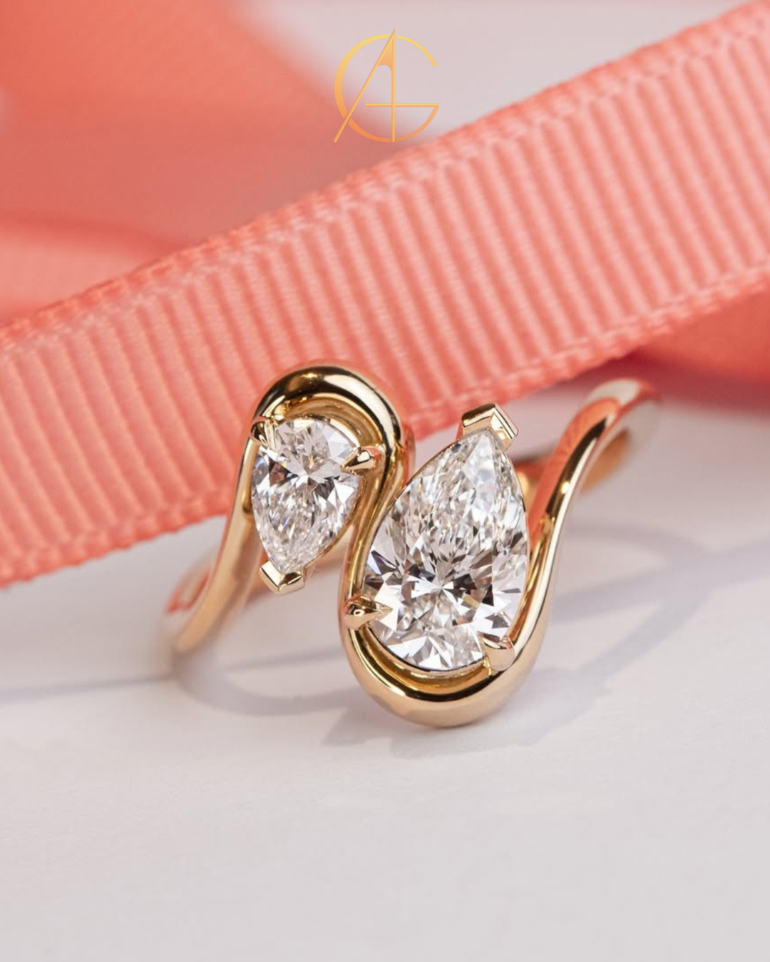 3.50 TCW Beautiful Toi et Moi Ring Featuring Pear Cut Moissanite Diamonds in Sculpted Gold Setting Fine Jewelry