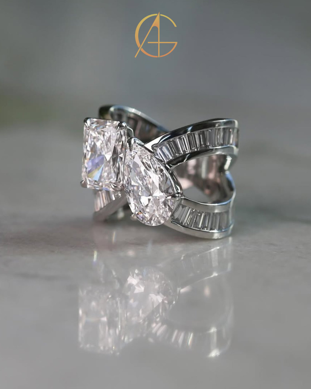4.50 TCW Modern Moissanite Double Diamond With Radiant and Pear Cut Statement Ring