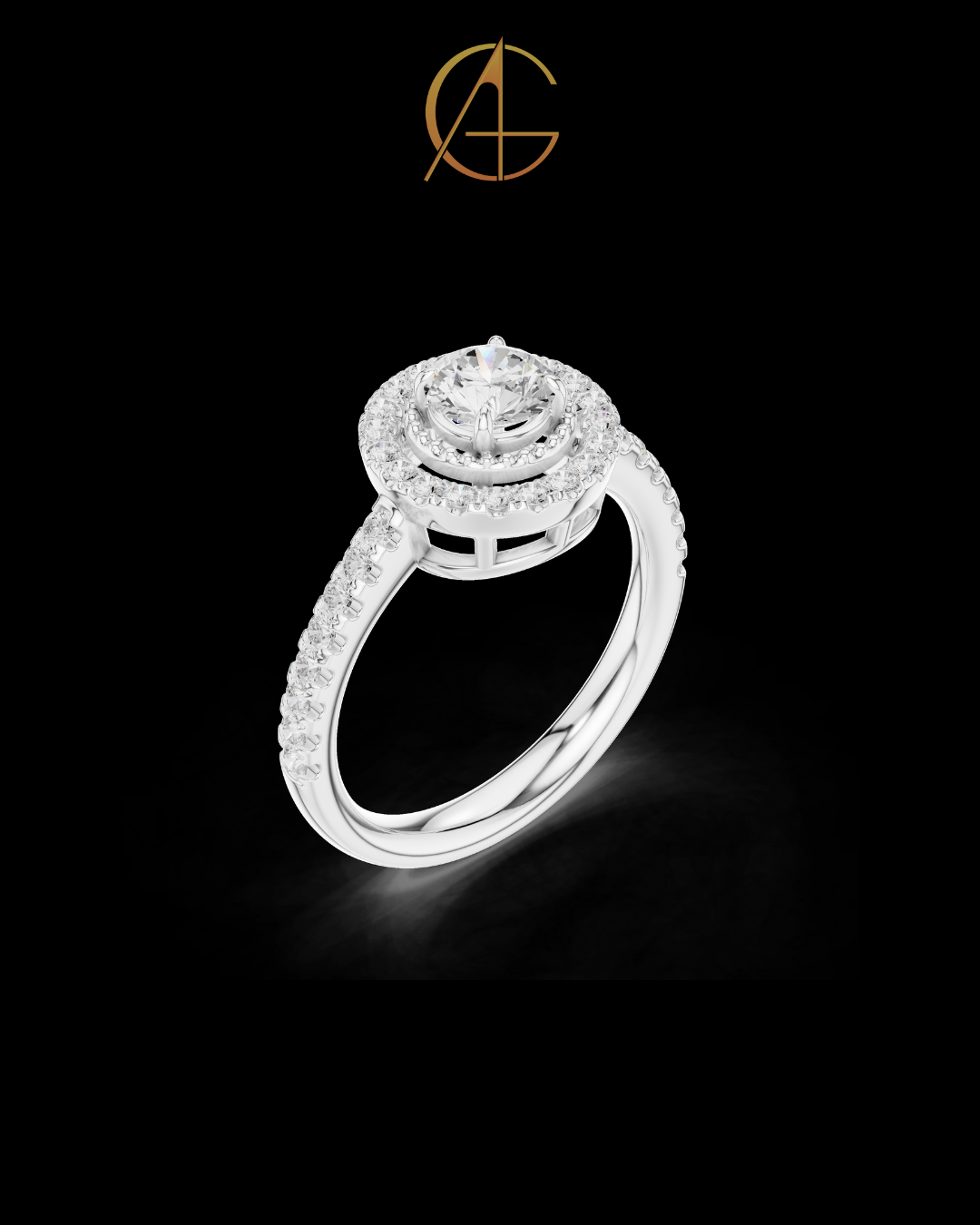 0.53 CT Glamorous Round Cut Halo Moissanite Diamond Ring in Luxe Gold with Pave Set Band For Love