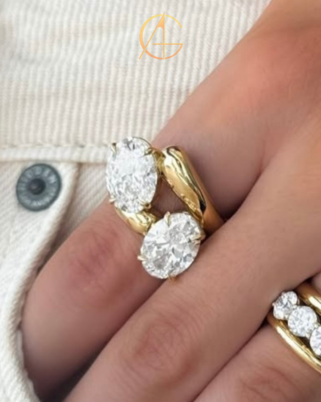 6.00 TCW Modern Bypass Open Ring with Twin Oval Brilliant Moissanite Diamonds in High Polish Gold