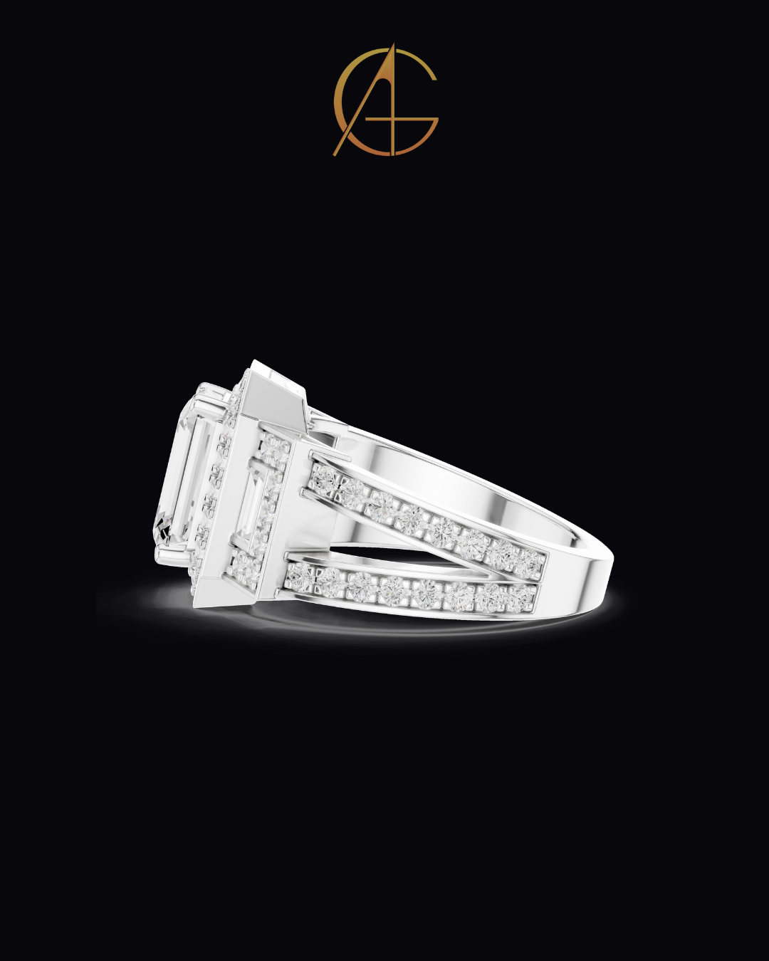 2.5 CT Iconic Statement Emerald Cut Center with Side Baguette Three Stone Double Halo Moissanite Diamond Ring