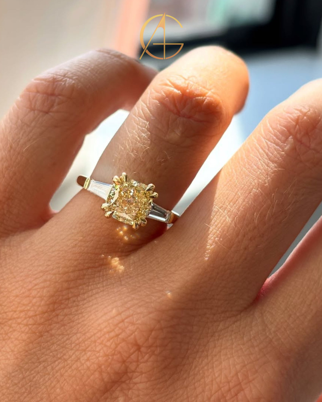 2.50 CT Sovereign Cushion Cut Moissanite Diamond Three Stone Ring with Tapered Baguette Accents in Gold