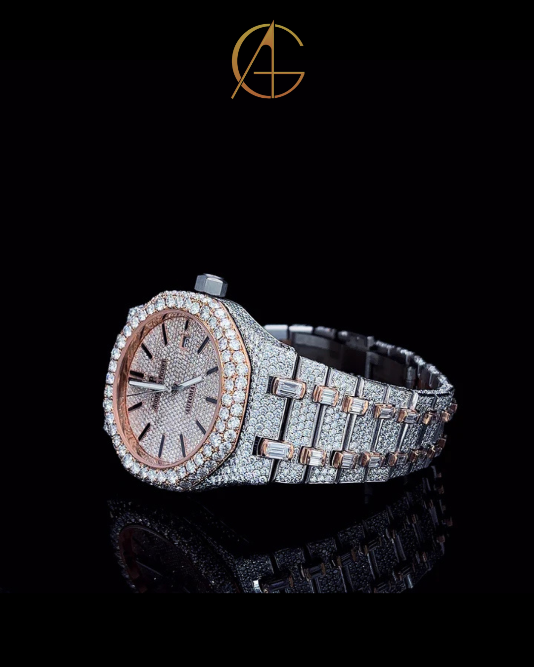 AP Rose Gold Two Tone With Stick Dial Moissanite Diamond Watch