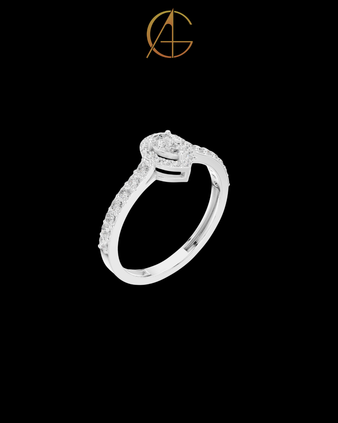 0.15 CT Sophisticated Pear Shaped Moissanite Diamond Halo Ring with Pave Diamond Band