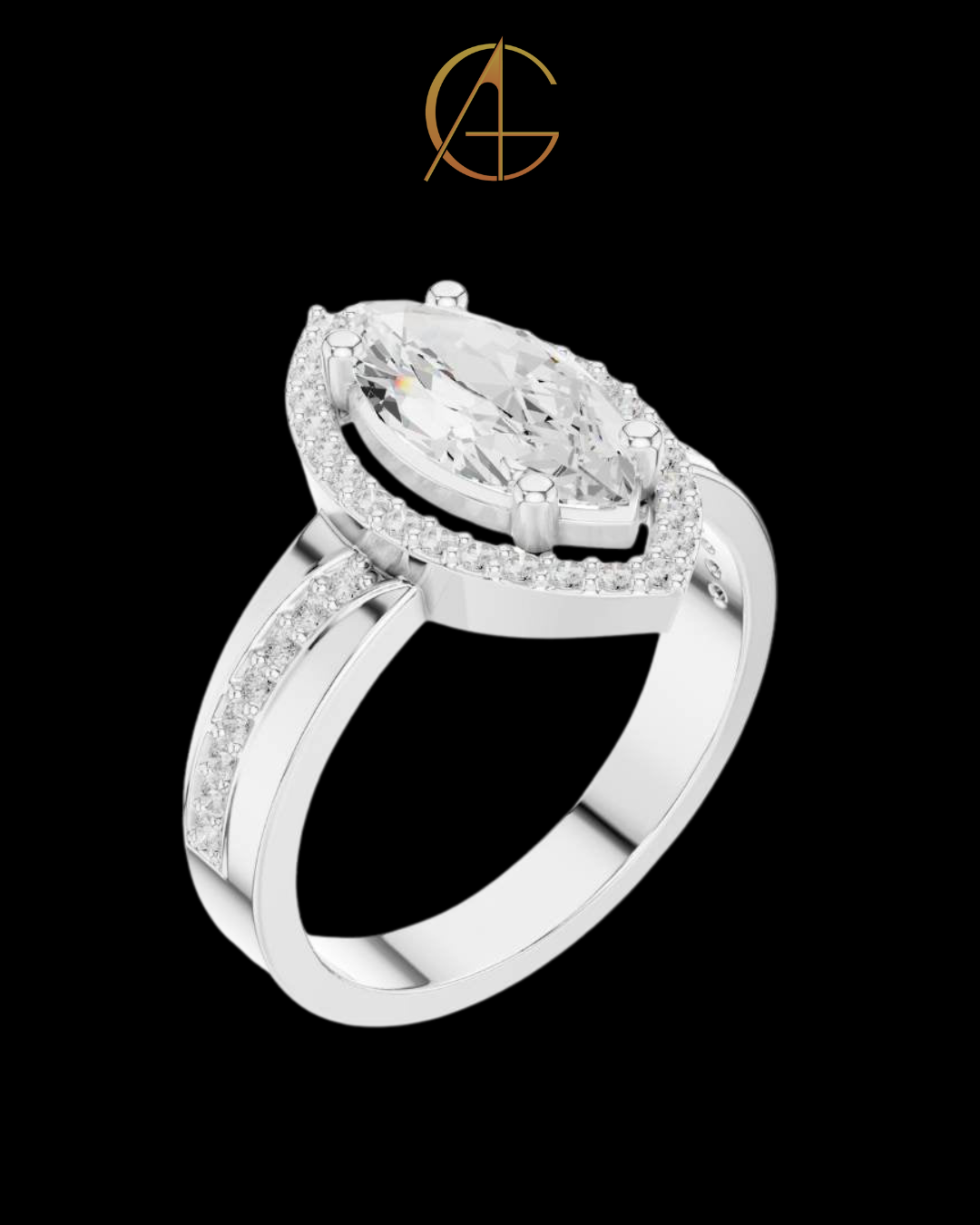 1.15 CT Elongated Solitaire with Pave Band and Sparkling Moissanite Diamond Round Cut Halo For Her