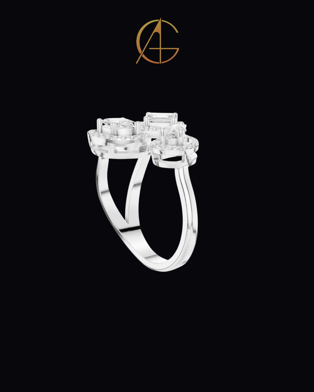 0.92 TCW Three Stone Geometric Moissanite Diamond Halo Bypass Ring with Emerald, Pear and Marquise Cut Centers