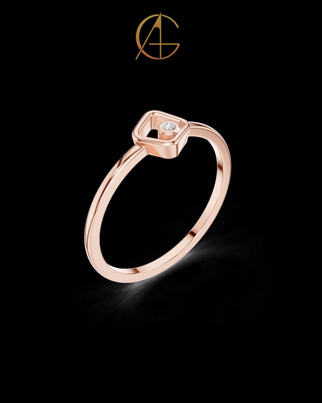 0.01 TCW Minimalist Gold Geometric Moissanite Diamond Round Ring with Modern Open-Square Design