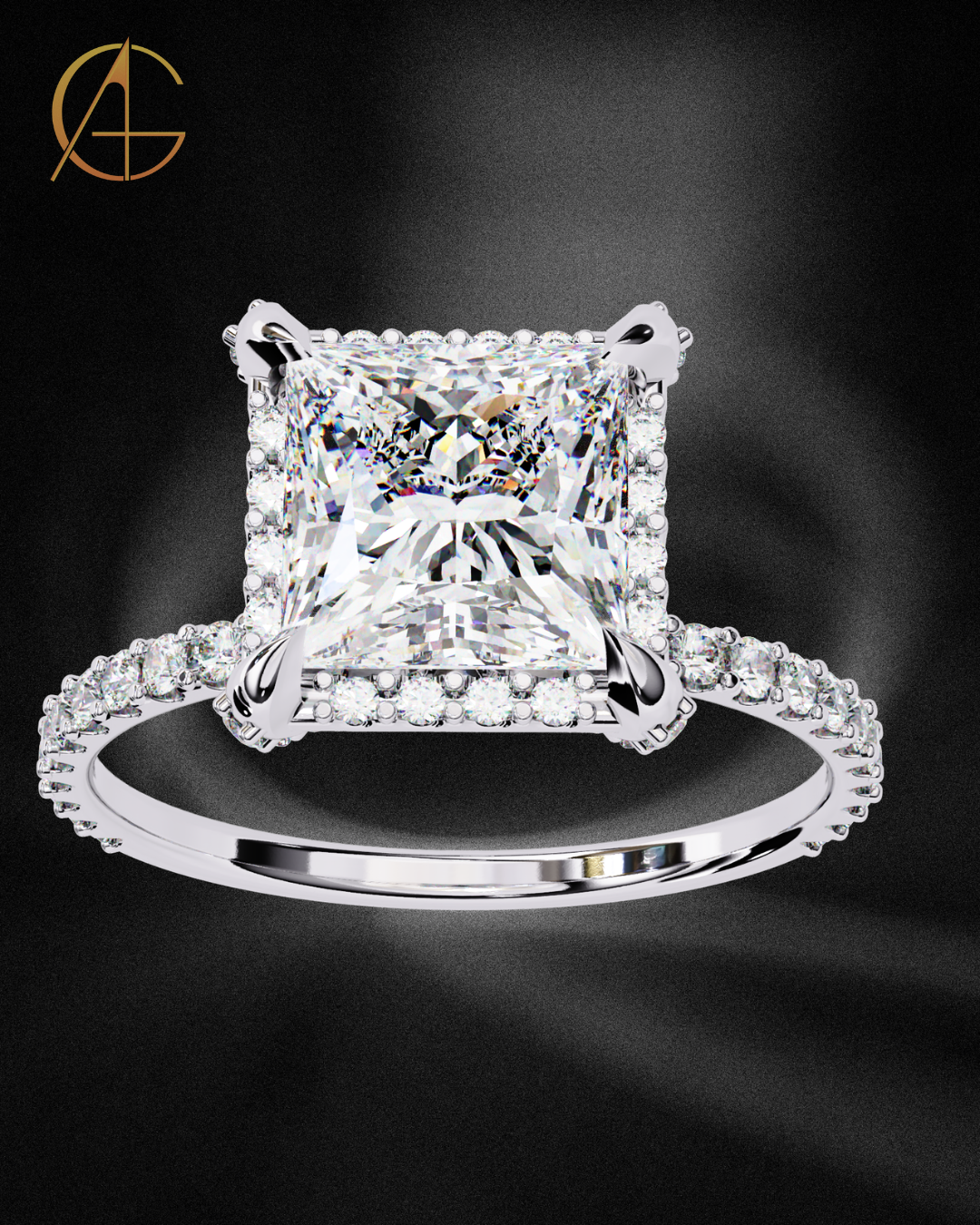 2.03 CT Princess Cut Moissanite Diamond Halo Engagement Ring Luxury Pave Band By Auren Gems