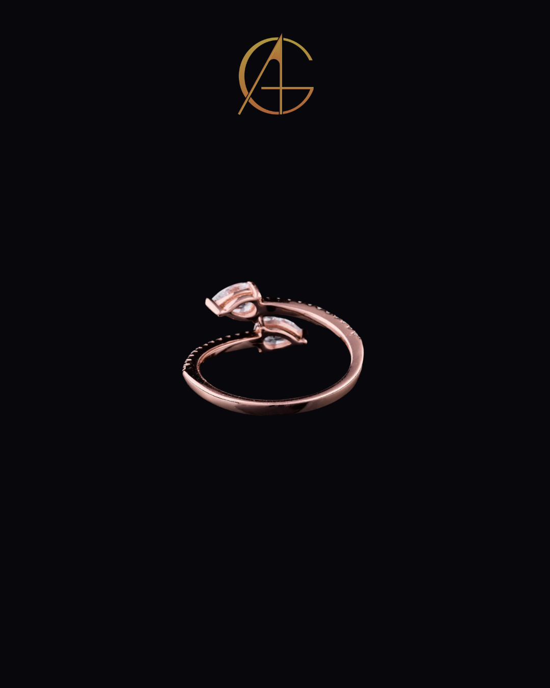 0.50 CT Sparkling Rose Gold Moissanite Diamond Ring with Twin Pear-Shaped Sparkling Stones and Pave Diamond Band