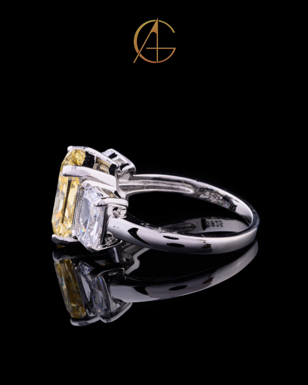 2.50 CT Brilliant Fancy Intense Yellow Radiant Cut Moissanite Diamond Three Stone Engagement Ring with Emerald Cut Side Diamonds