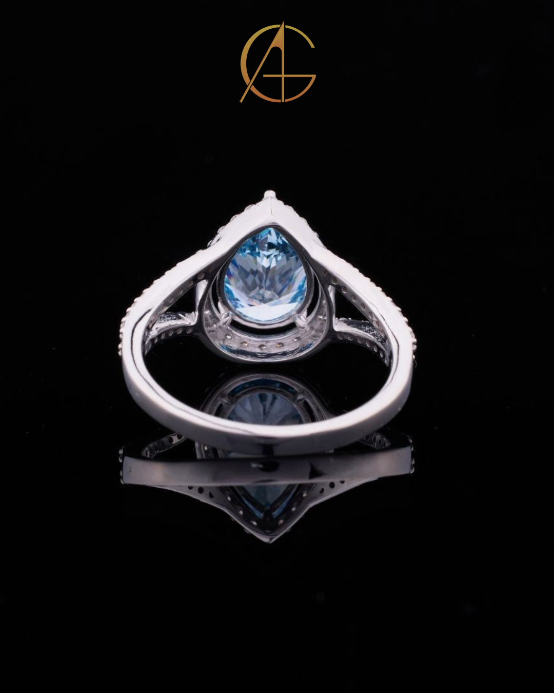 2.00 CT Gorgeous Fancy Vivid Blue Moissanite Pear Cut Ring with Halo Diamond Accents and Elegant Split Shank Band
