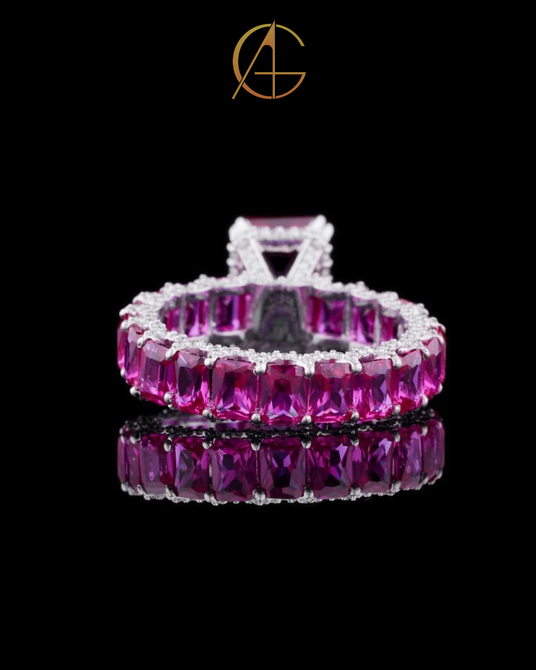 0.98 CT Vibrant Emerald Cut Moissanite Vivid Pink Ring Crafted with Full Eternity Stone Setting