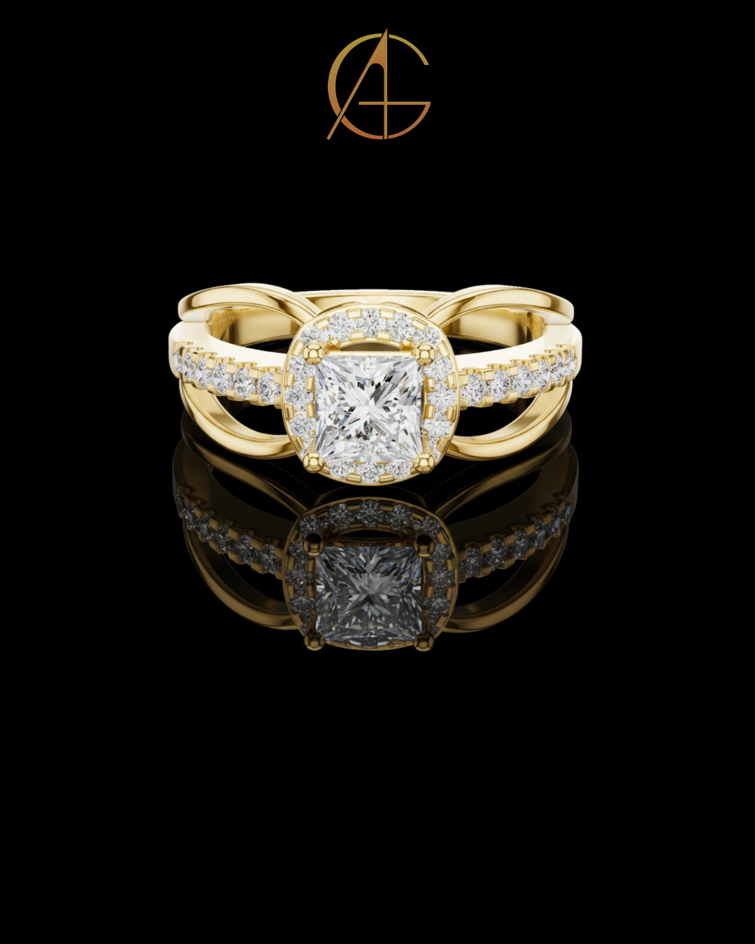 0.57 CT Modern Split Shank Ring with Princess Moissanite Diamond and Radiant Halo Accented by Pave Diamond
