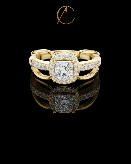 0.57 CT Modern Split Shank Ring with Princess Moissanite Diamond and Radiant Halo Accented by Pave Diamond