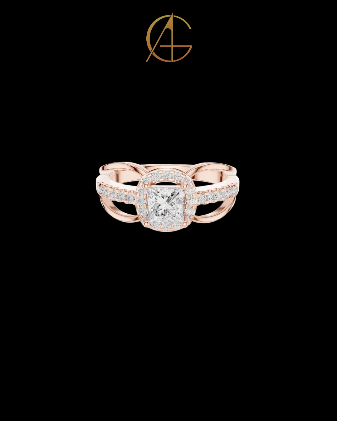 0.57 CT Modern Split Shank Ring with Princess Moissanite Diamond and Radiant Halo Accented by Pave Diamond