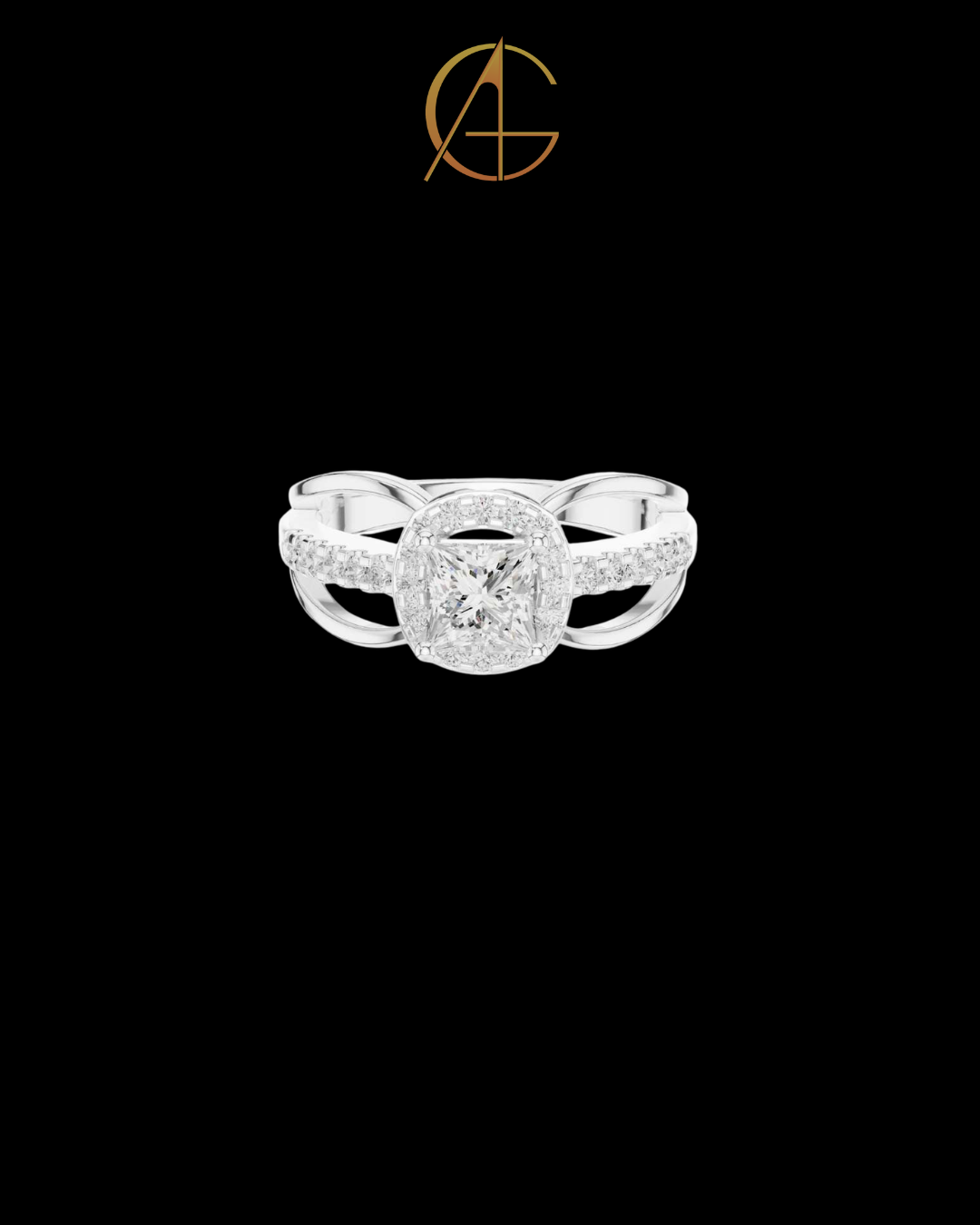 0.57 CT Modern Split Shank Ring with Princess Moissanite Diamond and Radiant Halo Accented by Pave Diamond