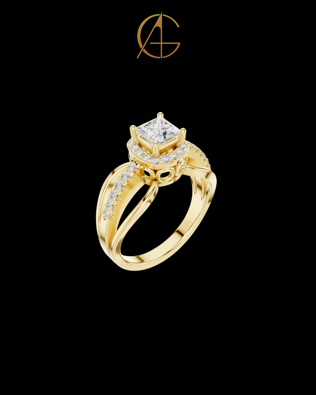 0.57 CT Modern Split Shank Ring with Princess Moissanite Diamond and Radiant Halo Accented by Pave Diamond