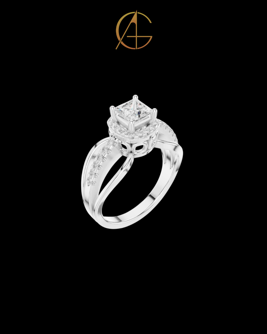 0.57 CT Modern Split Shank Ring with Princess Moissanite Diamond and Radiant Halo Accented by Pave Diamond