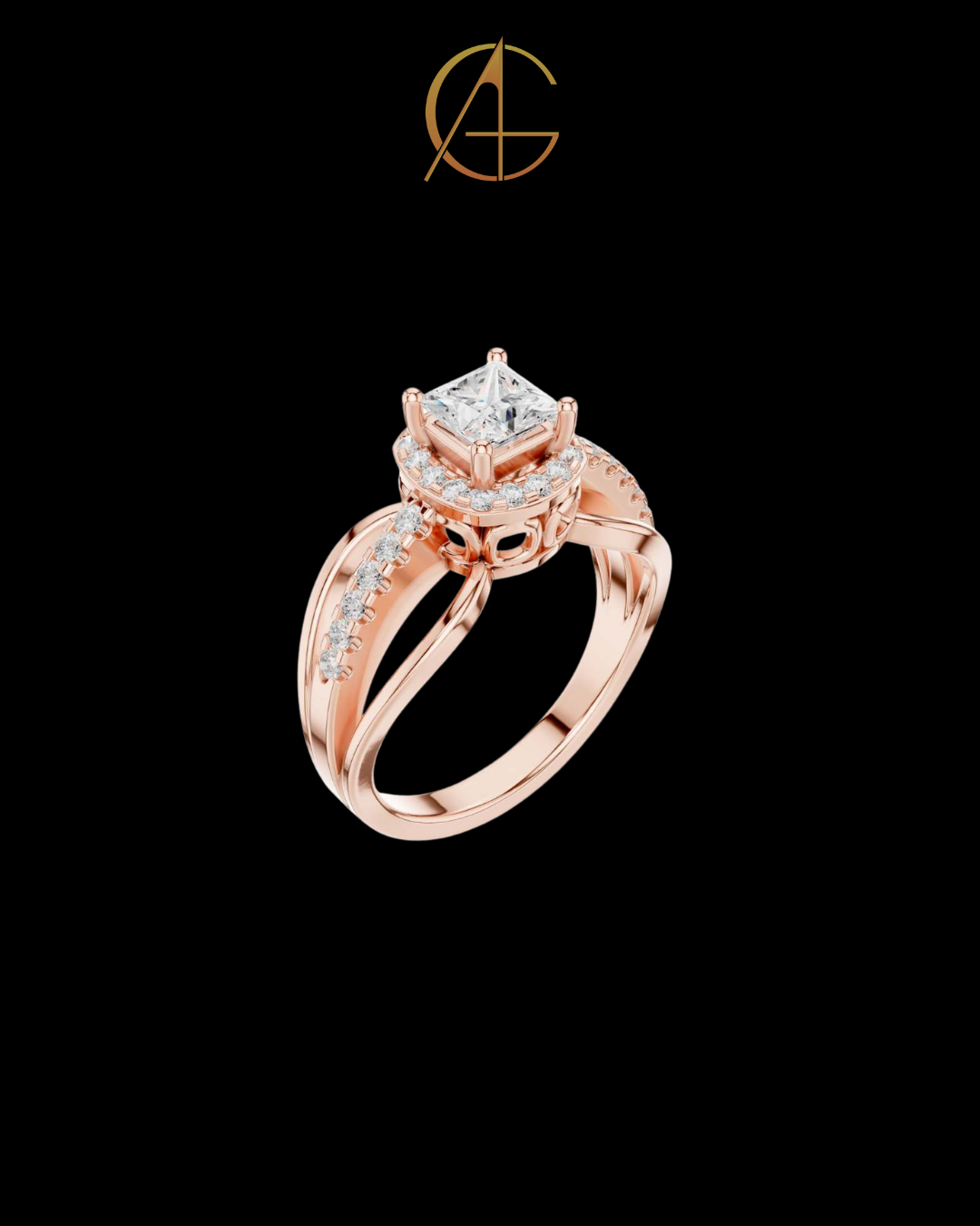 0.57 CT Modern Split Shank Ring with Princess Moissanite Diamond and Radiant Halo Accented by Pave Diamond