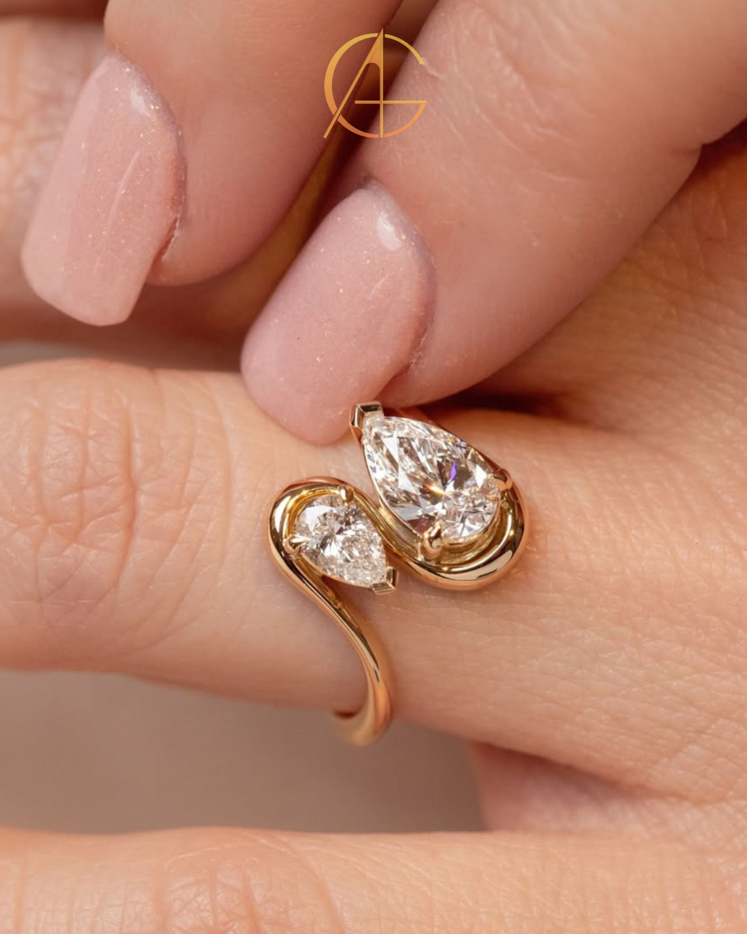 3.50 TCW Beautiful Toi et Moi Ring Featuring Pear Cut Moissanite Diamonds in Sculpted Gold Setting Fine Jewelry