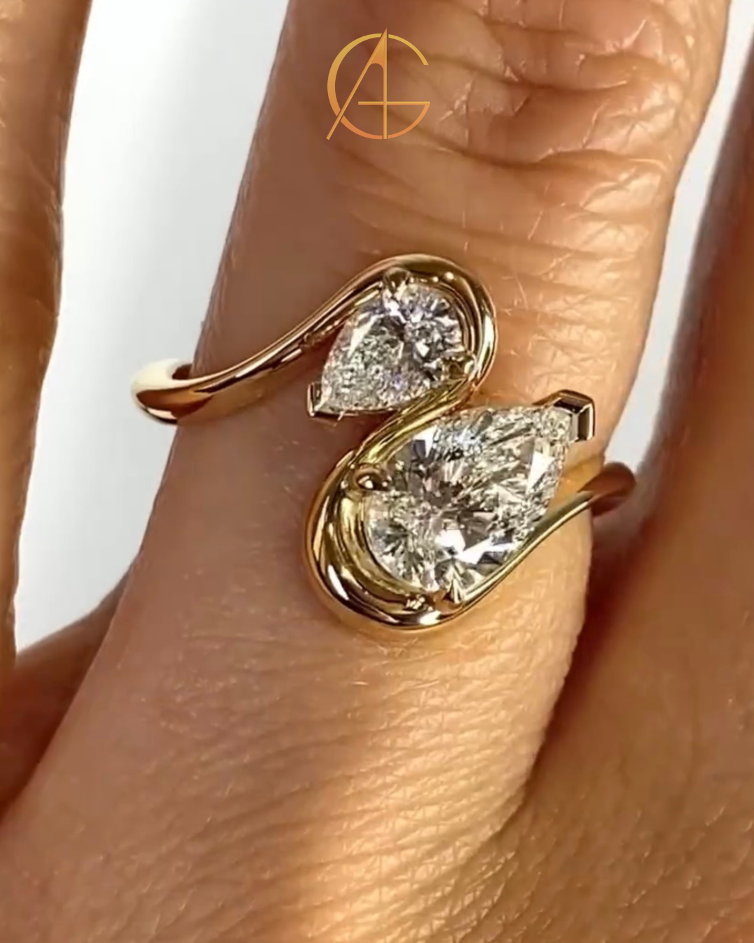 3.50 TCW Beautiful Toi et Moi Ring Featuring Pear Cut Moissanite Diamonds in Sculpted Gold Setting Fine Jewelry