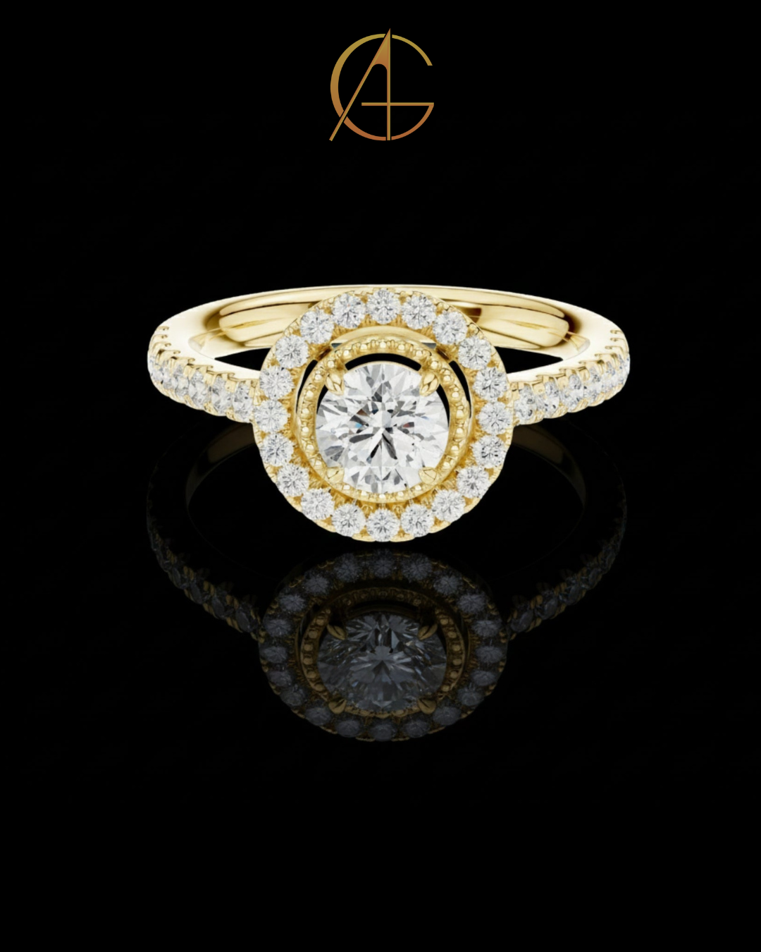 0.53 CT Glamorous Round Cut Halo Moissanite Diamond Ring in Luxe Gold with Pave Set Band For Love