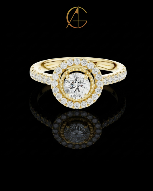0.53 CT Glamorous Round Cut Halo Moissanite Diamond Ring in Luxe Gold with Pave Set Band For Love