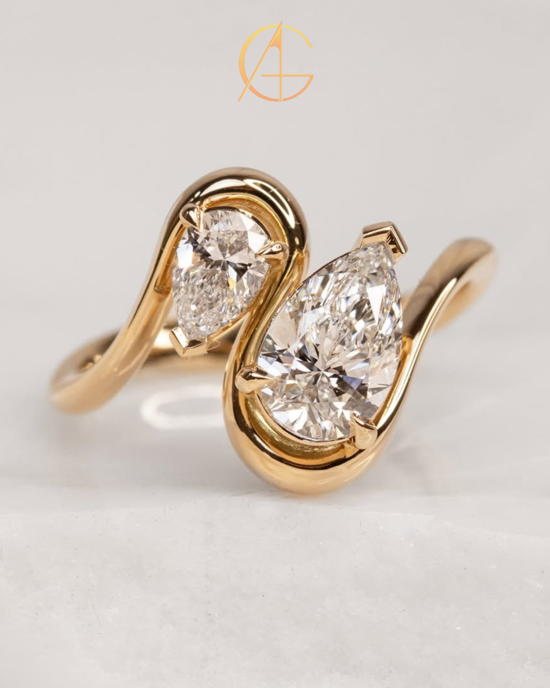 3.50 TCW Beautiful Toi et Moi Ring Featuring Pear Cut Moissanite Diamonds in Sculpted Gold Setting Fine Jewelry