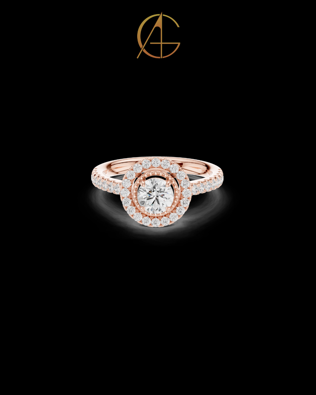 0.53 CT Glamorous Round Cut Halo Moissanite Diamond Ring in Luxe Gold with Pave Set Band For Love
