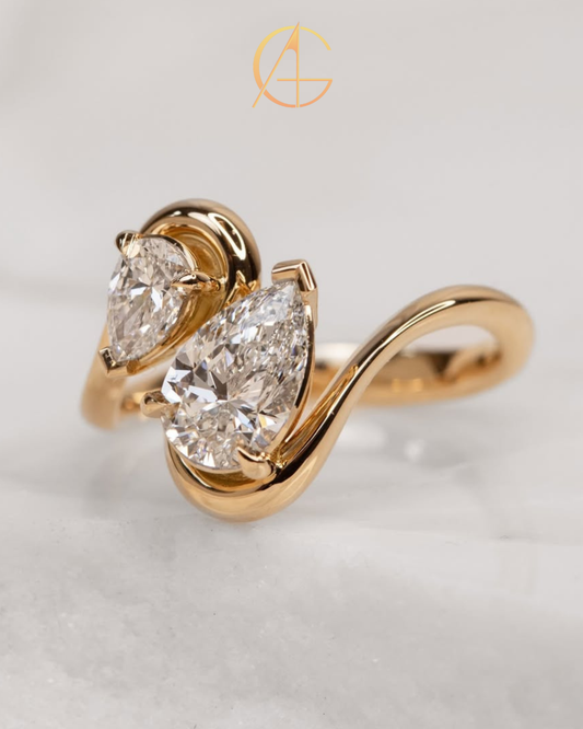 3.50 TCW Beautiful Toi et Moi Ring Featuring Pear Cut Moissanite Diamonds in Sculpted Gold Setting Fine Jewelry