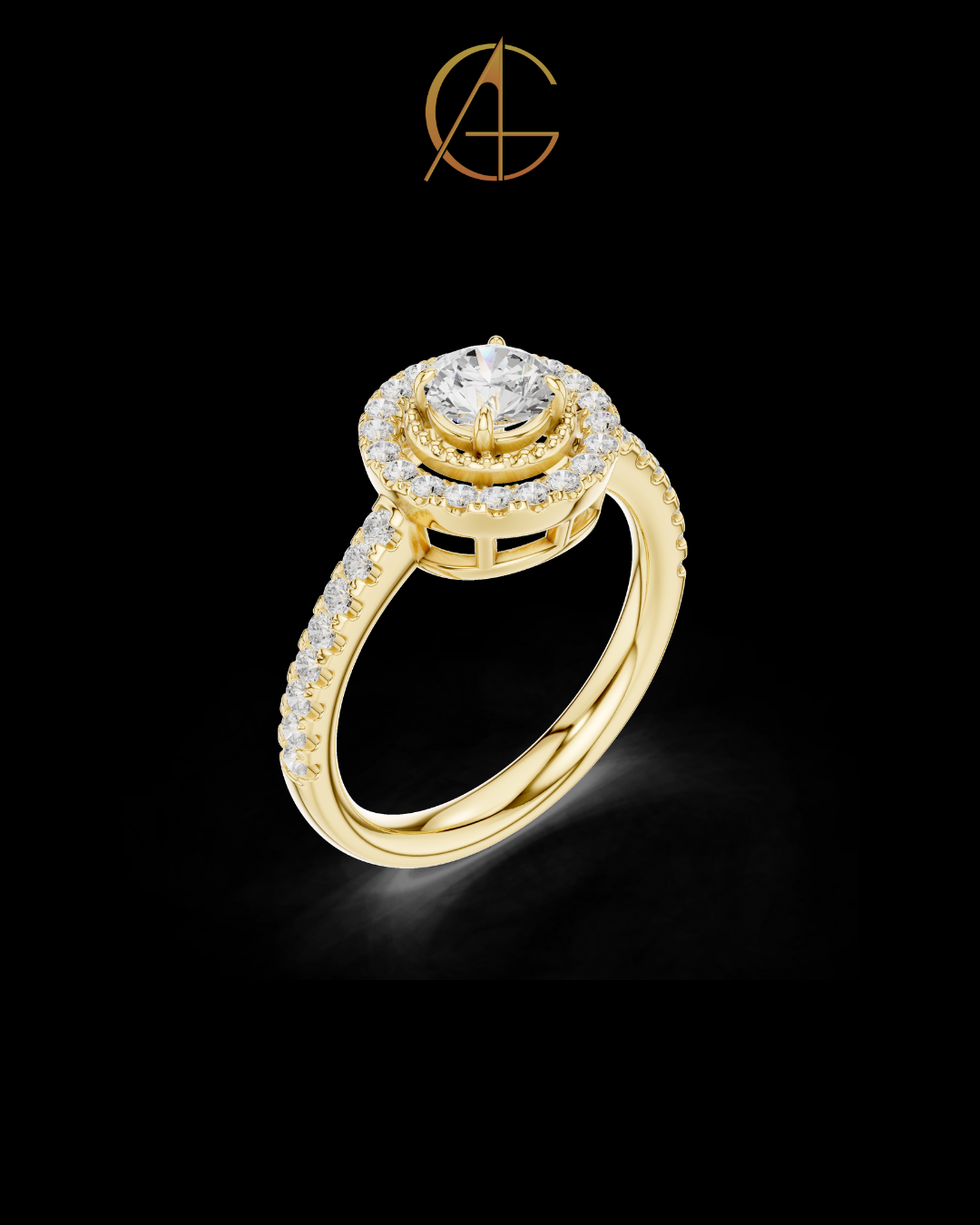 0.53 CT Glamorous Round Cut Halo Moissanite Diamond Ring in Luxe Gold with Pave Set Band For Love