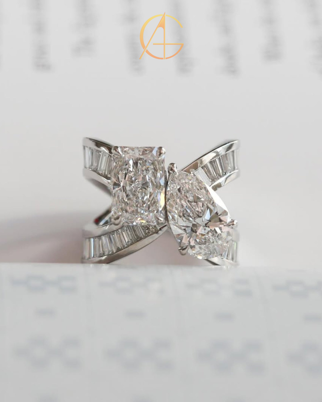 4.50 TCW Modern Moissanite Double Diamond With Radiant and Pear Cut Statement Ring