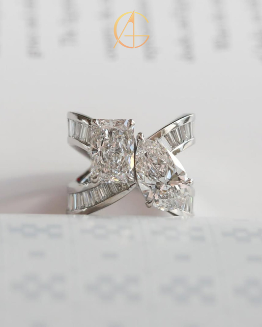 4.50 TCW Modern Moissanite Double Diamond With Radiant and Pear Cut Statement Ring