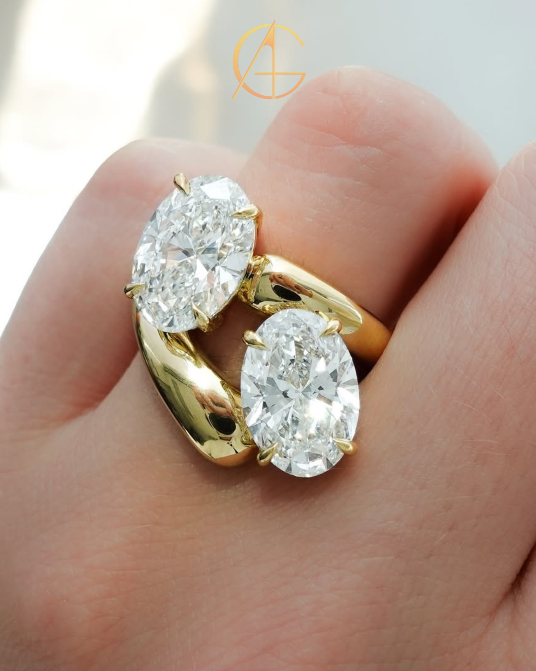 6.00 TCW Modern Bypass Open Ring with Twin Oval Brilliant Moissanite Diamonds in High Polish Gold