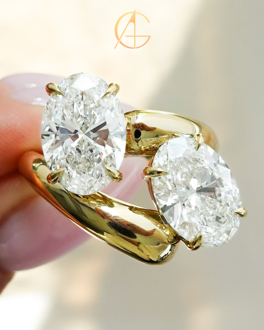 6.00 TCW Modern Bypass Open Ring with Twin Oval Brilliant Moissanite Diamonds in High Polish Gold