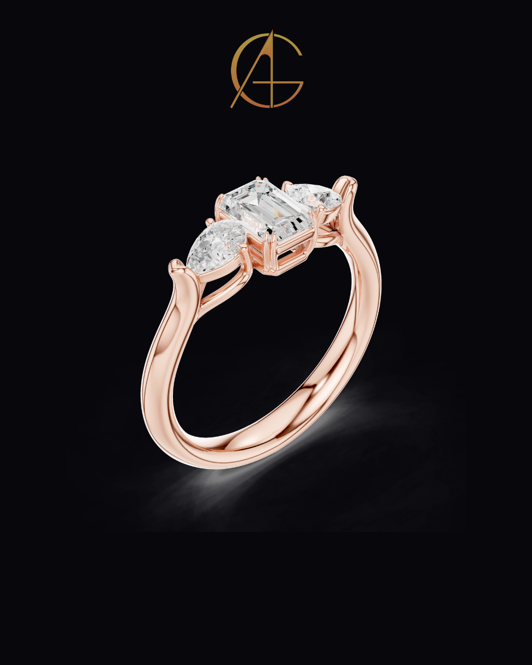 0.56 CT Emerald Cut Moissanite Diamond Trillian Side Stone Modern Heirloom Design Engagement Ring
