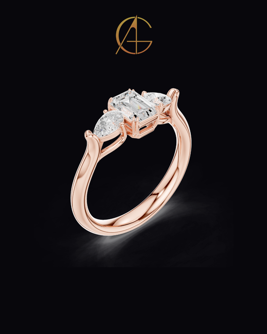 0.56 CT Emerald Cut Moissanite Diamond Trillian Side Stone Modern Heirloom Design Engagement Ring