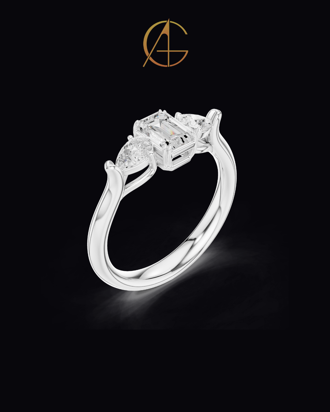 0.56 CT Emerald Cut Moissanite Diamond Trillian Side Stone Modern Heirloom Design Engagement Ring