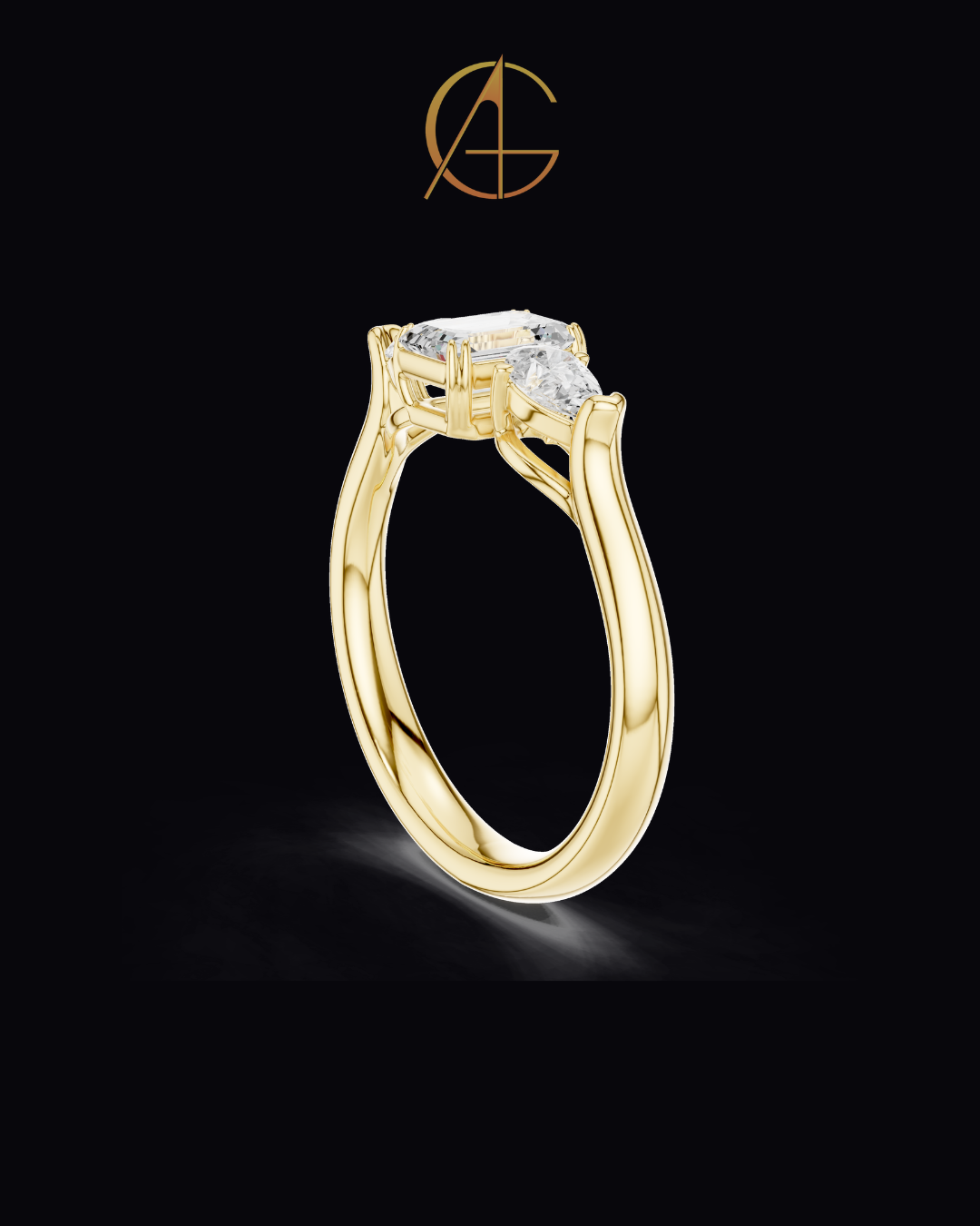 0.56 CT Emerald Cut Moissanite Diamond Trillian Side Stone Modern Heirloom Design Engagement Ring
