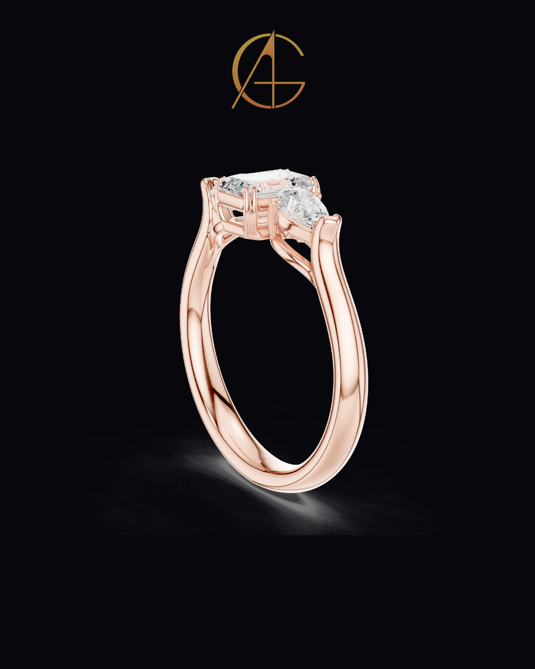 0.56 CT Emerald Cut Moissanite Diamond Trillian Side Stone Modern Heirloom Design Engagement Ring