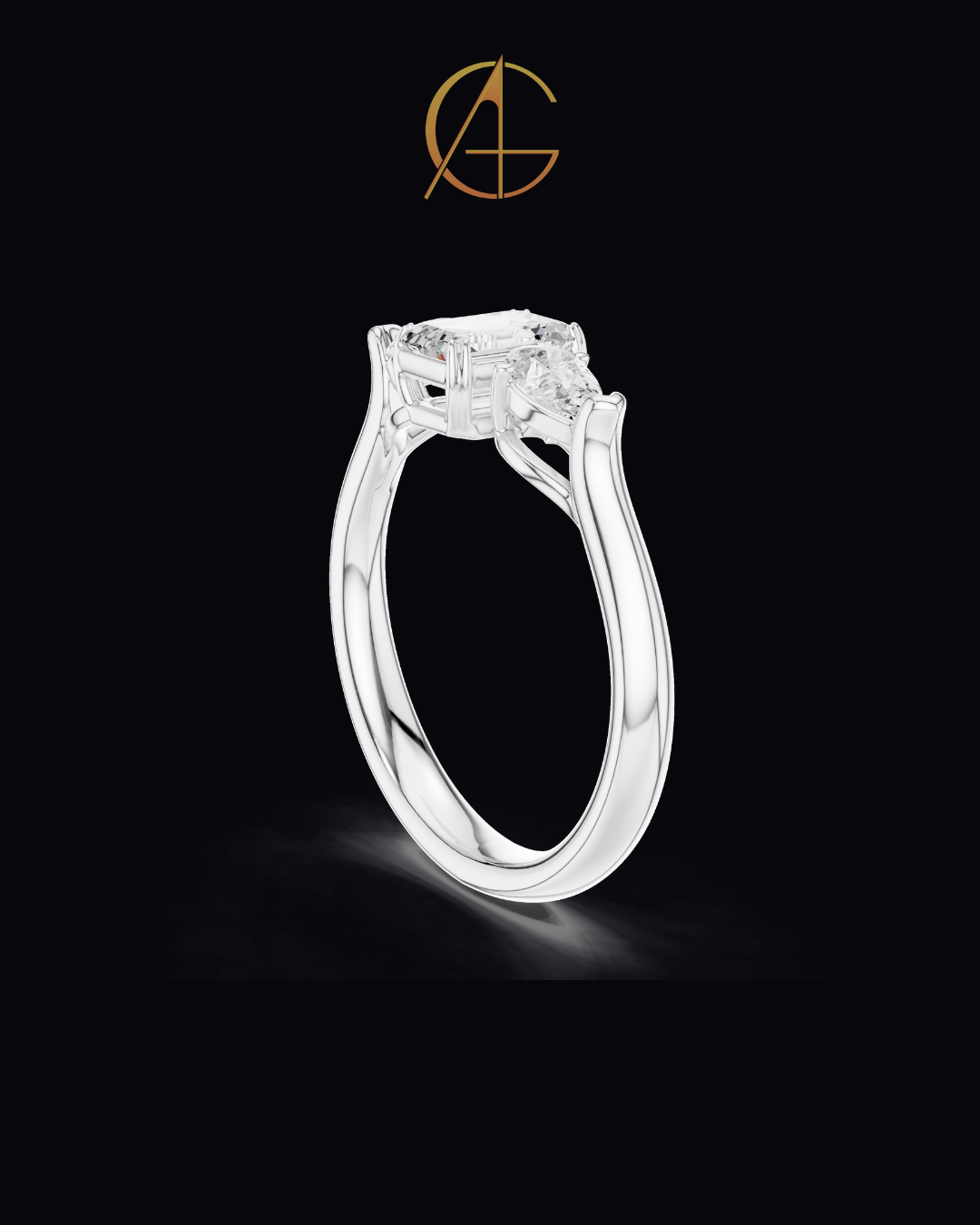 0.56 CT Emerald Cut Moissanite Diamond Trillian Side Stone Modern Heirloom Design Engagement Ring