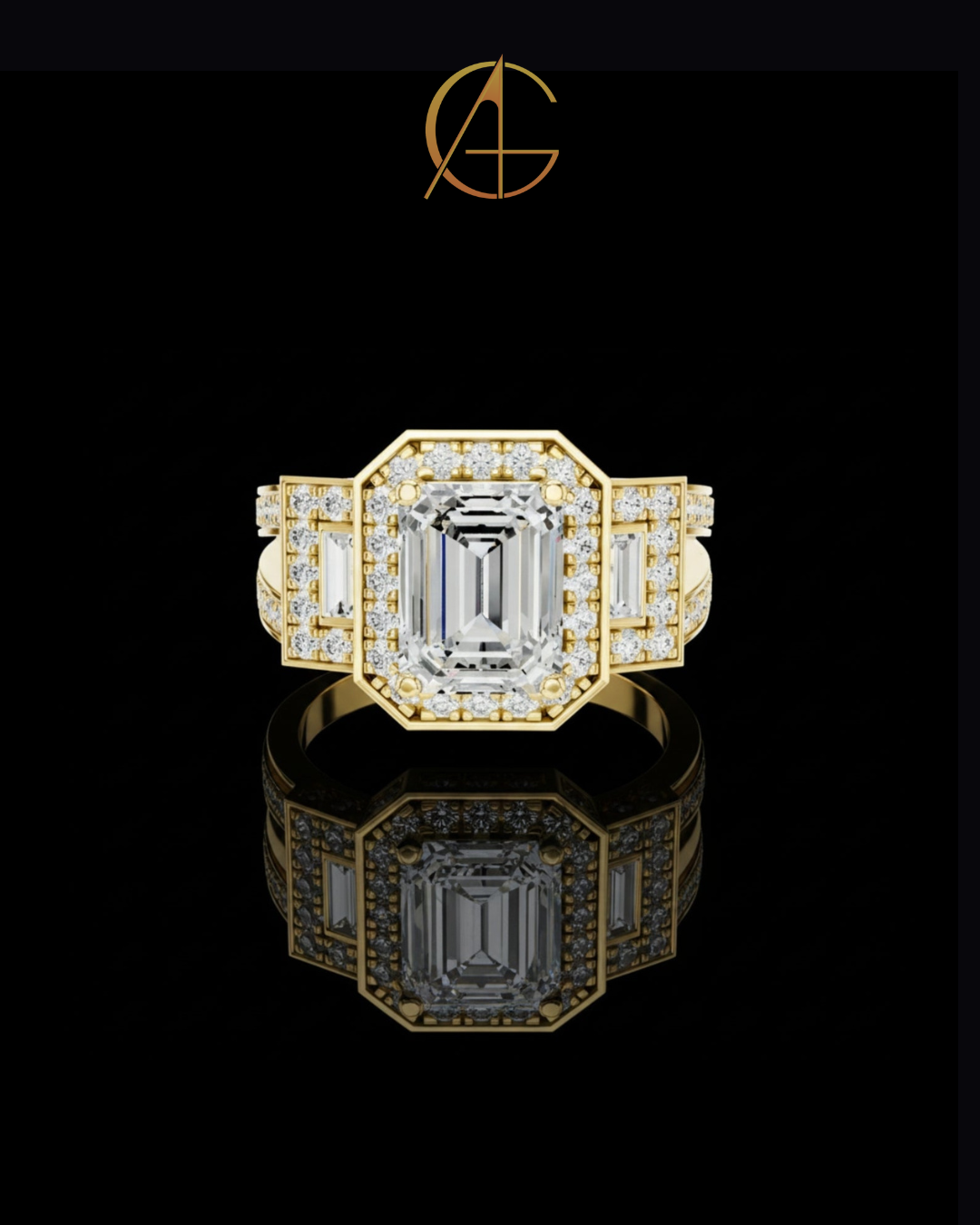 2.5 CT Iconic Statement Emerald Cut Center with Side Baguette Three Stone Double Halo Moissanite Diamond Ring
