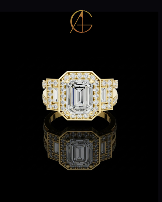 2.5 CT Iconic Statement Emerald Cut Center with Side Baguette Three Stone Double Halo Moissanite Diamond Ring