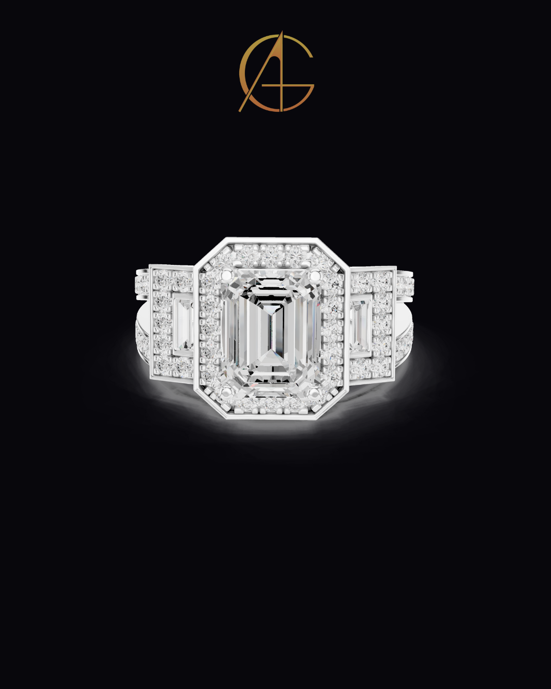 2.5 CT Iconic Statement Emerald Cut Center with Side Baguette Three Stone Double Halo Moissanite Diamond Ring