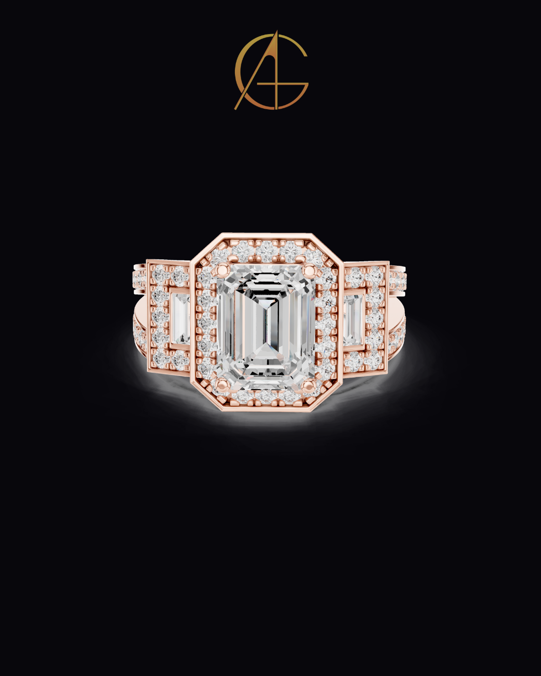2.5 CT Iconic Statement Emerald Cut Center with Side Baguette Three Stone Double Halo Moissanite Diamond Ring