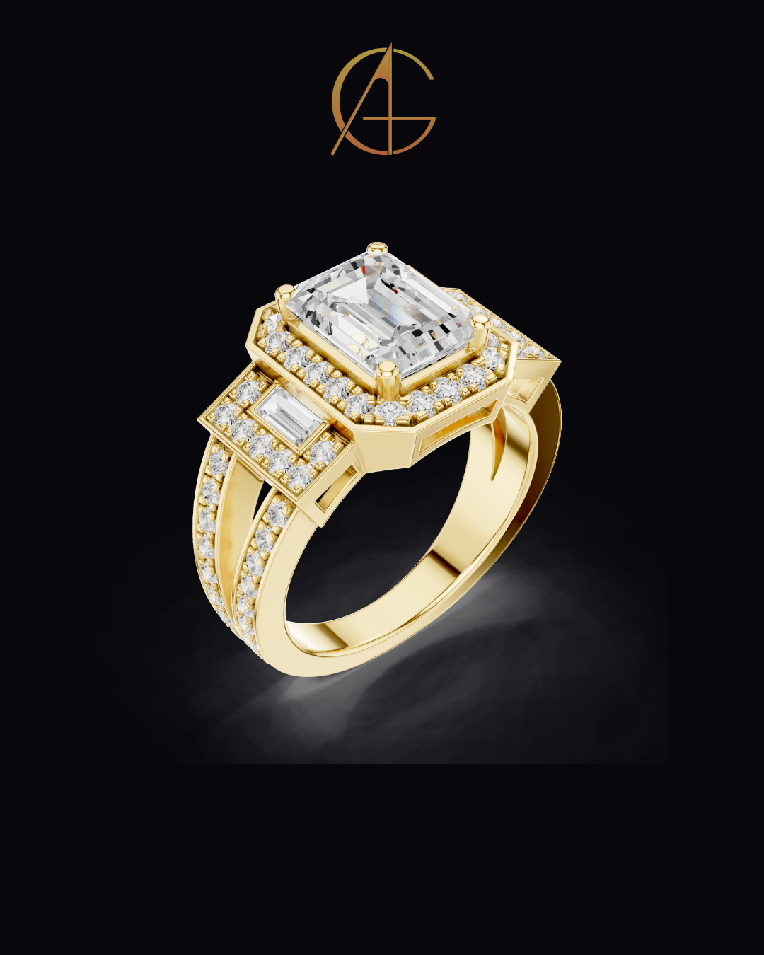 2.5 CT Iconic Statement Emerald Cut Center with Side Baguette Three Stone Double Halo Moissanite Diamond Ring