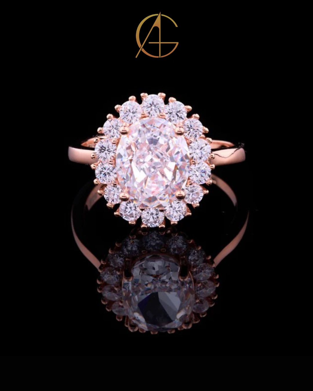 1.45 CT Oval Cut Moissanite Diamond Floral-Halo Ring in Rose Gold Showcasing Exquisite Detail