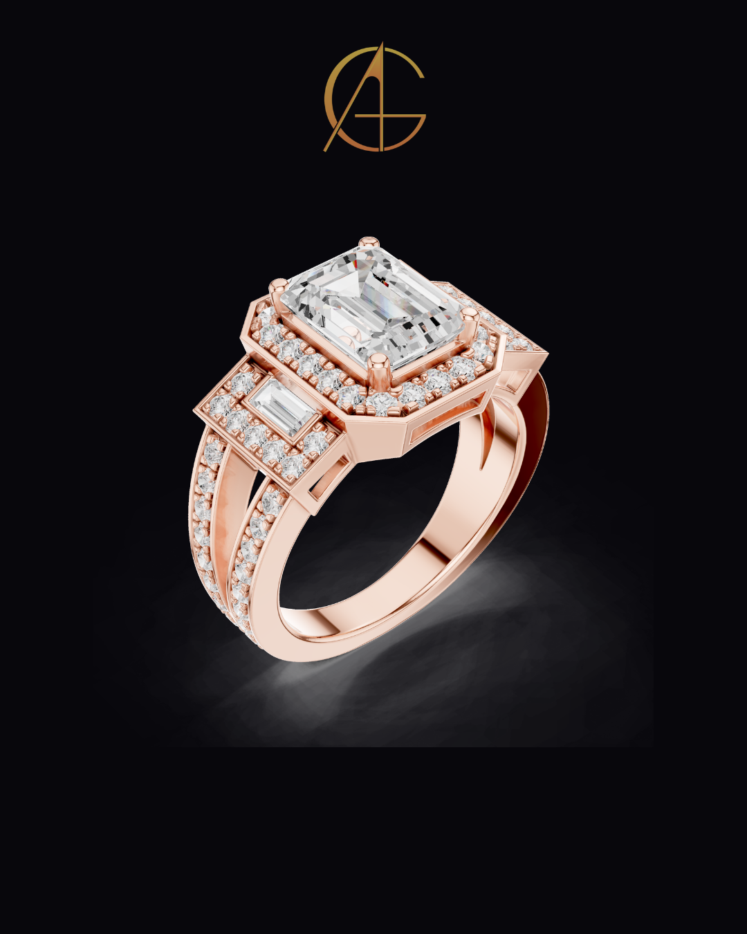 2.5 CT Iconic Statement Emerald Cut Center with Side Baguette Three Stone Double Halo Moissanite Diamond Ring
