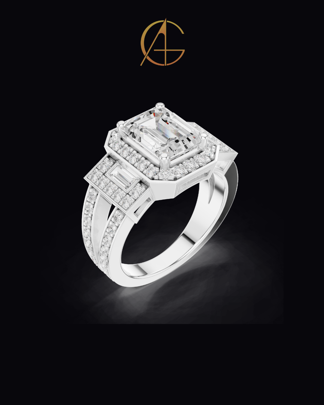 2.5 CT Iconic Statement Emerald Cut Center with Side Baguette Three Stone Double Halo Moissanite Diamond Ring