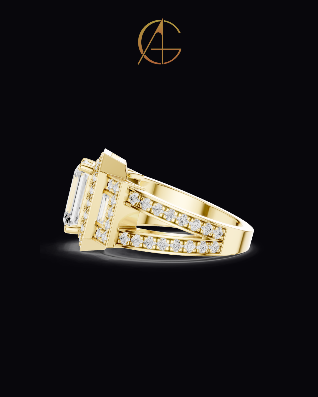 2.5 CT Iconic Statement Emerald Cut Center with Side Baguette Three Stone Double Halo Moissanite Diamond Ring
